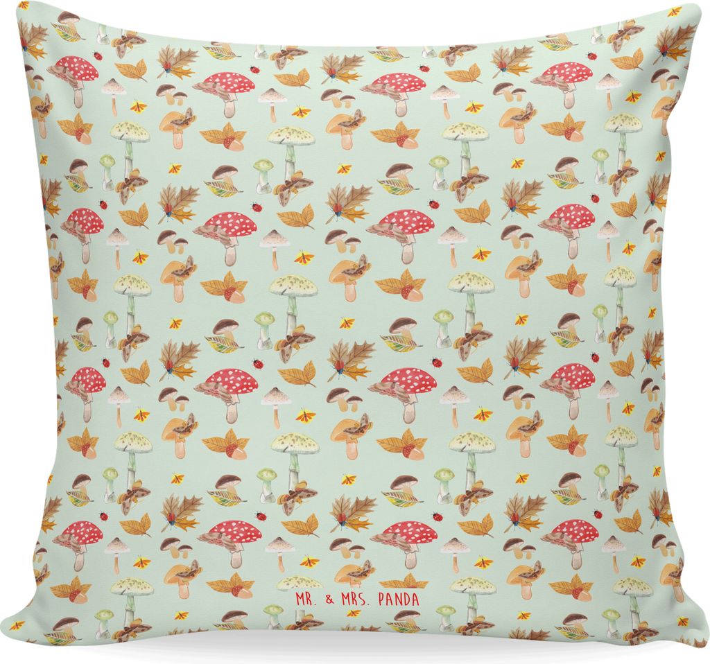 Mr. & Mrs. Panda Sofa Kissen Herbst Pilze - Grün - Geschenk, Wald, Lounge, Pilz Muster, Deko, Sofakissen, kuschelkissen 40x40, bedruckt, Schmetter...