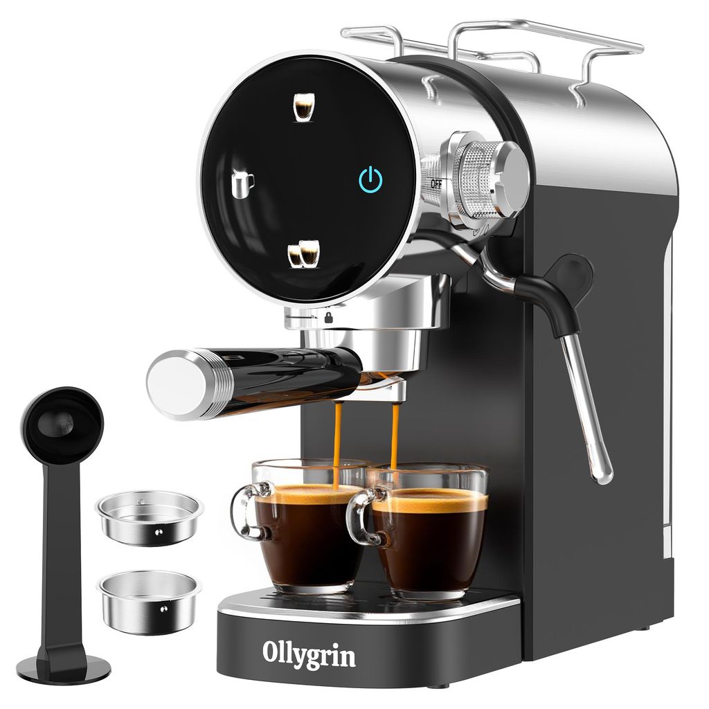 OLLYGRIN 20 Bar Siebträger Espressomaschine mit Touchscreen & Milchaufschäumer, 1,2L abnehmbarer Wassertank für Cappuccino und Latte