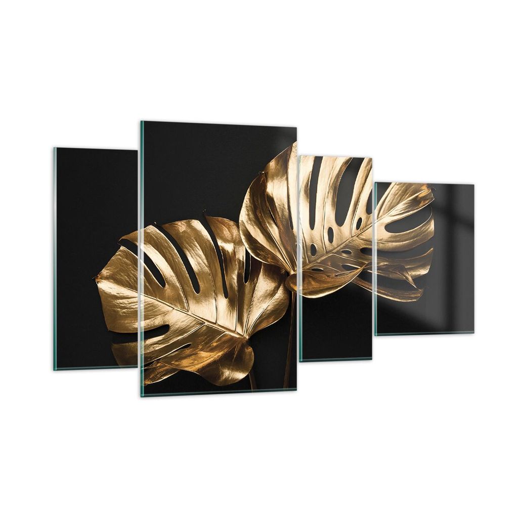 Bilder auf glas - 4 Teile - Golden Blätter Monster - 120x70cm - Glasbilder - Wandbilder - Bilder - zum Aufhängen bereit - Wanddekoration aus Glas...