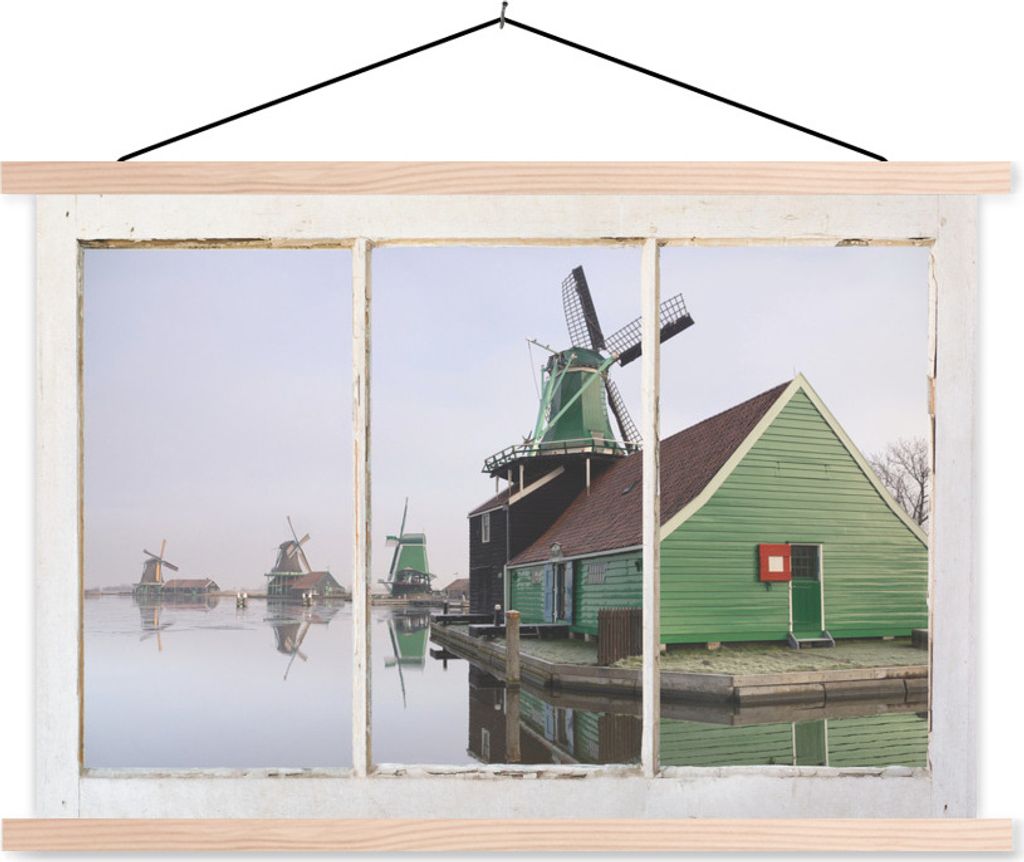 MuchoWow Textilposter Aussicht - Mühle - Wasser 120x80 cm mit holzfarbenen Rahmen - Aufhängeset