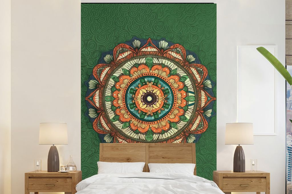 MuchoWow Fototapete für Wohnzimmer oder Schlafzimmer Wandtapete Vinyl Motivtapete Mandala - Hippie - Blumen - Orange - 195x300 cm - Das Hintergr...