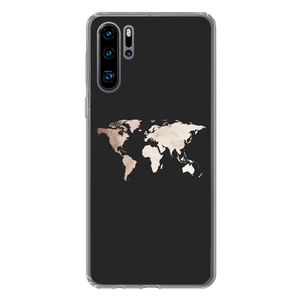 MuchoWow Handyhülle Schutzhülle Hülle für Huawei P30 Pro Weltkarte - Leder - Schwarz Silikon Softcase Handy Hülle - Schutzdeckel