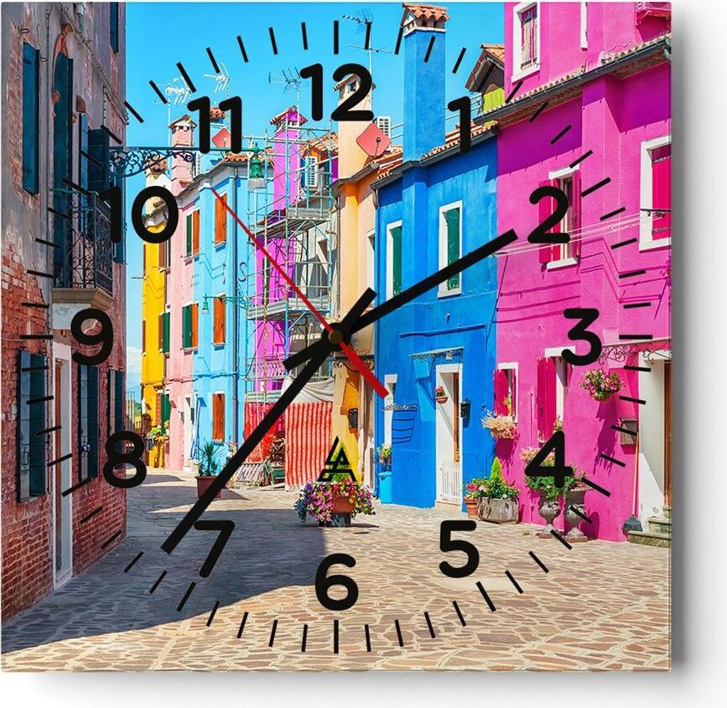 Wanduhr - Quadrat - Glasuhr - Straße Haus Blumen - 30x30cm - Schleichendes Uhrwerk - Lautlos - zum Aufhängen bereit - Dekoration Modern - Wanddek...