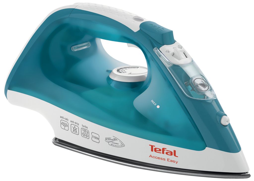 A studio shot of a Tefal steam iron against a white background.