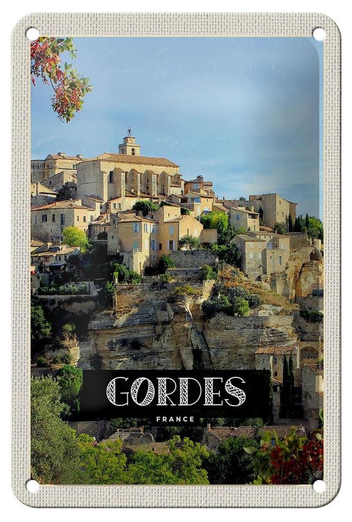 Blechschild Reise 12x18cm Gordes France Ansicht Urlaub Geschenk Schild