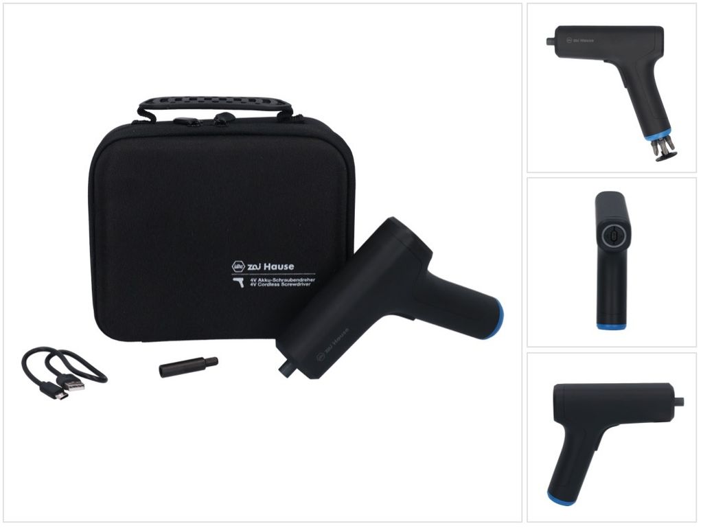 A collage of images showing a black massage gun, its carrying case, and accessories.