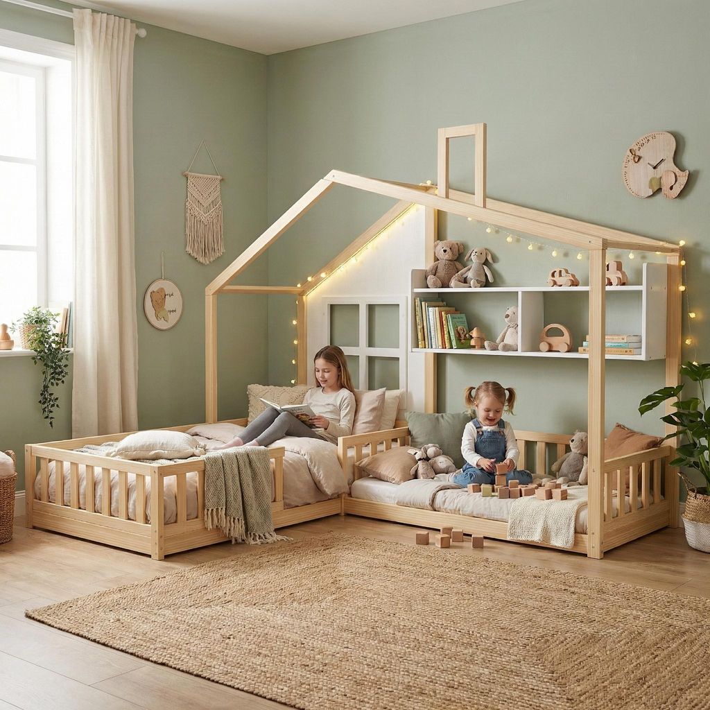 LVHOM Kinderbett 90x200/70x140 L-Form, Hausbett mit LED & Regal, Bodenbett Kinder Massivholz, Montessori Eckbett mit Rausfallschutz & Fenster