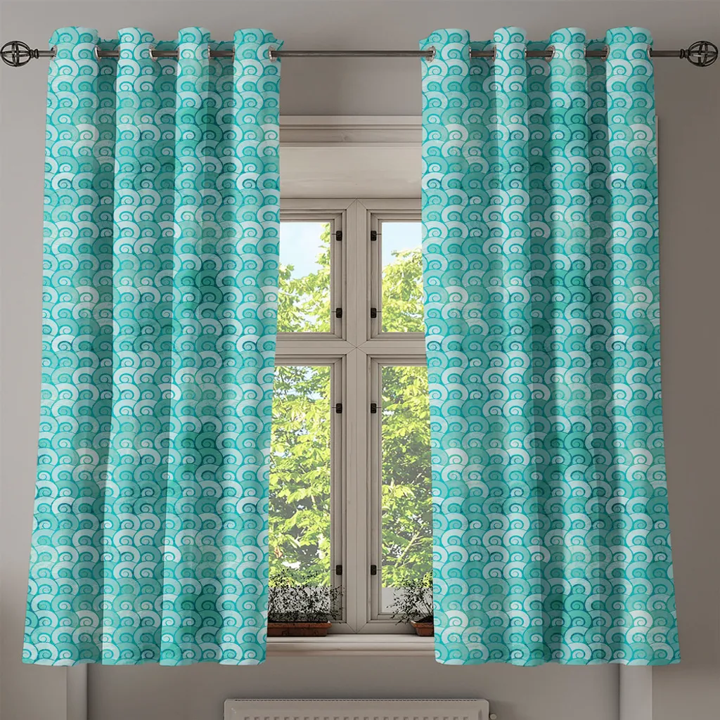 Rideau à œillets motif vagues abstraites aqua design artistique marin