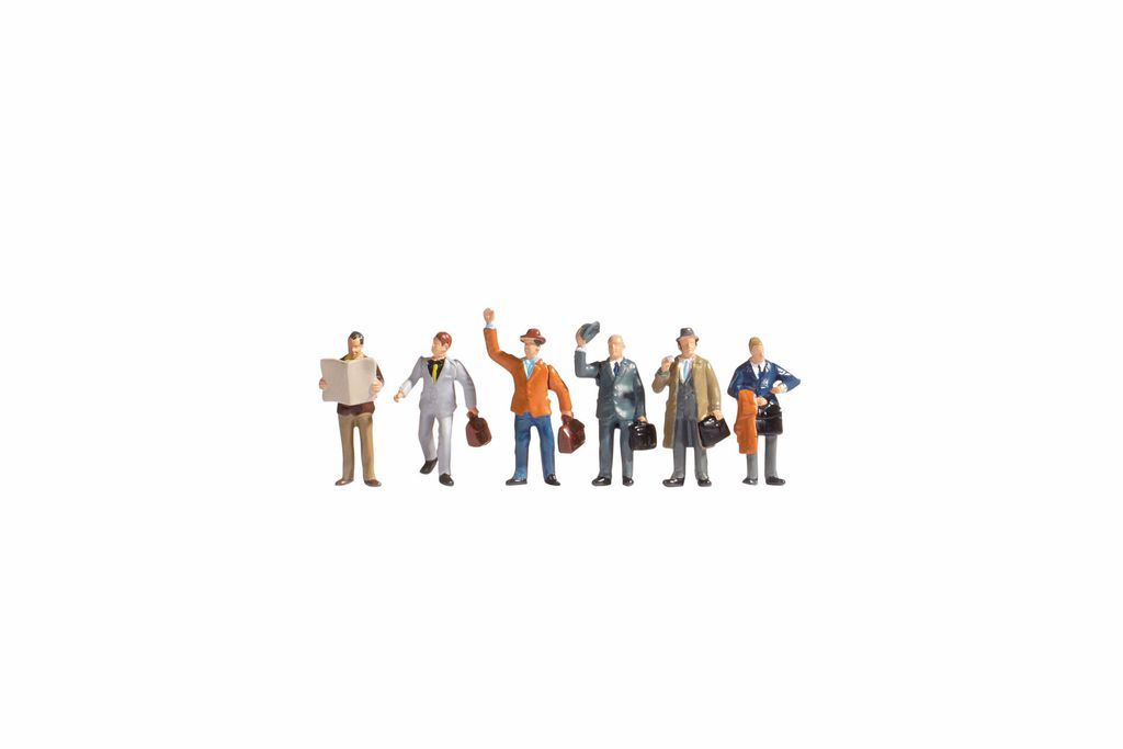 NOCH Figuren-Set „Geschäftsreisende“, handbemalt, 6er Set für Spur H0, ideal für Bahnhofs- und Bahnsteigszenen