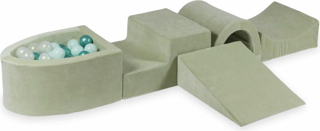 Schaumstoff-Spielset mit Brücke und Mikro-Bällepool – Velvet Soft Lightmint + 100 Bällebadbälle / Helles Mintgrün, Meerjungfraueneffekt, Met...