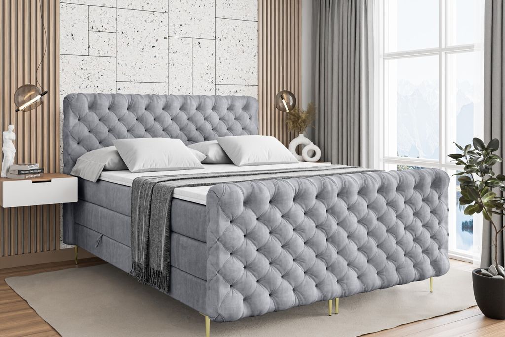 ALTDECOR Boxspringbett mit Gold Füßen, Matratze und Lattenrost, Topper, Fußteil, Polsterbett mit Bettkasten, Bett mit Stauraum H3- und H4- Matra...