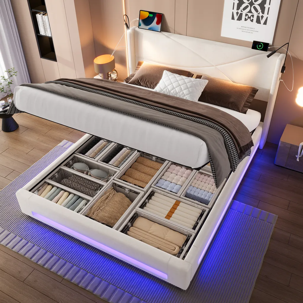 Lit hydraulique 140x200cm en velours beige avec lampes intégrées