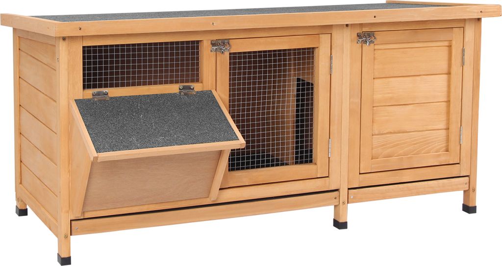 PawHut Kleintierstall Kleintierkäfig mit Bodenwanne Kleintierhaus mit Asphaltdach und Futtertrog Outdoor Indoor Tannenholz Natur+Schwarz 112 x 50 ...