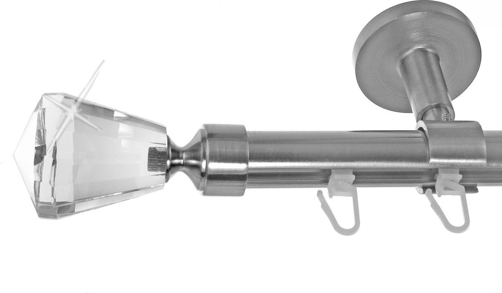 Innenlauf Gardinenstange Edelstahl Look 20mm Deckenträger Deckenbefestigung 1-läufig Knauf Kristall, Länge wählbar D30 E36