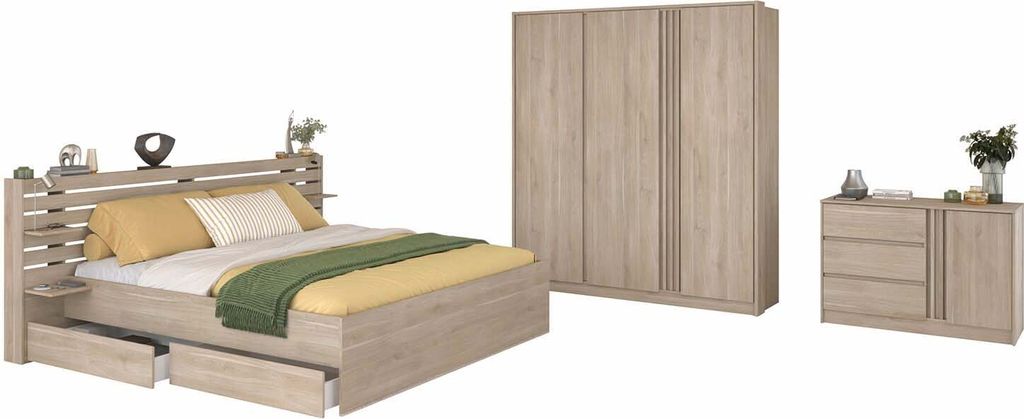 Escale 21 Parisot Stauraumbett Japanische Eichen Nachbildung mit Kleiderschrank und Kommode 140x200cm