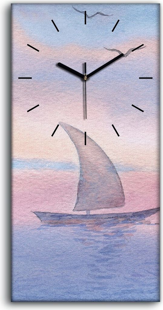 Wandkunst Leinwand Bild Uhr Geräuschlos 30x60 Aquarelle Kunst Boot Meer - schwarze Hände