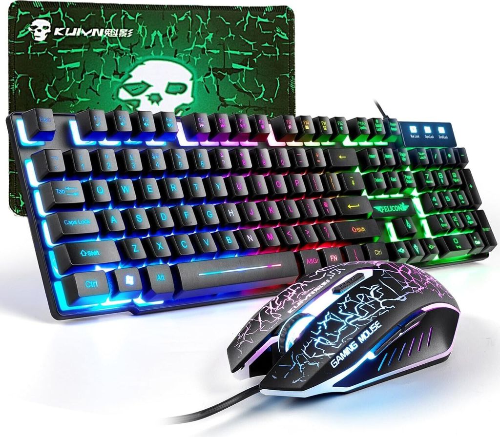 Gaming-Tastatur und Maus-Set, 104 Tasten Rainbow Backlit QWERTY UK Layout-Tastatur + 2400 DPI 4 Tasten Atemmaus + Mauspad-Kombination, USB-Kabel
