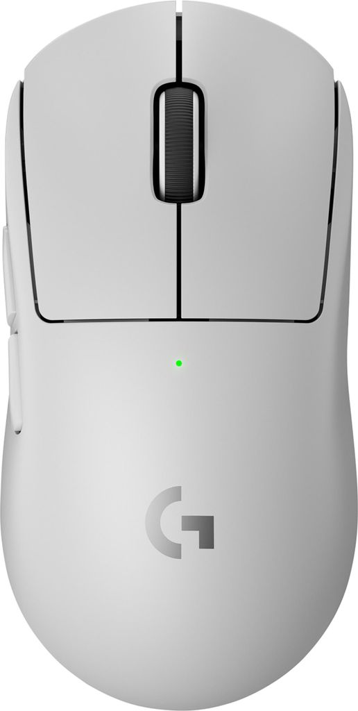 A top-down view of a white wireless gaming mouse.