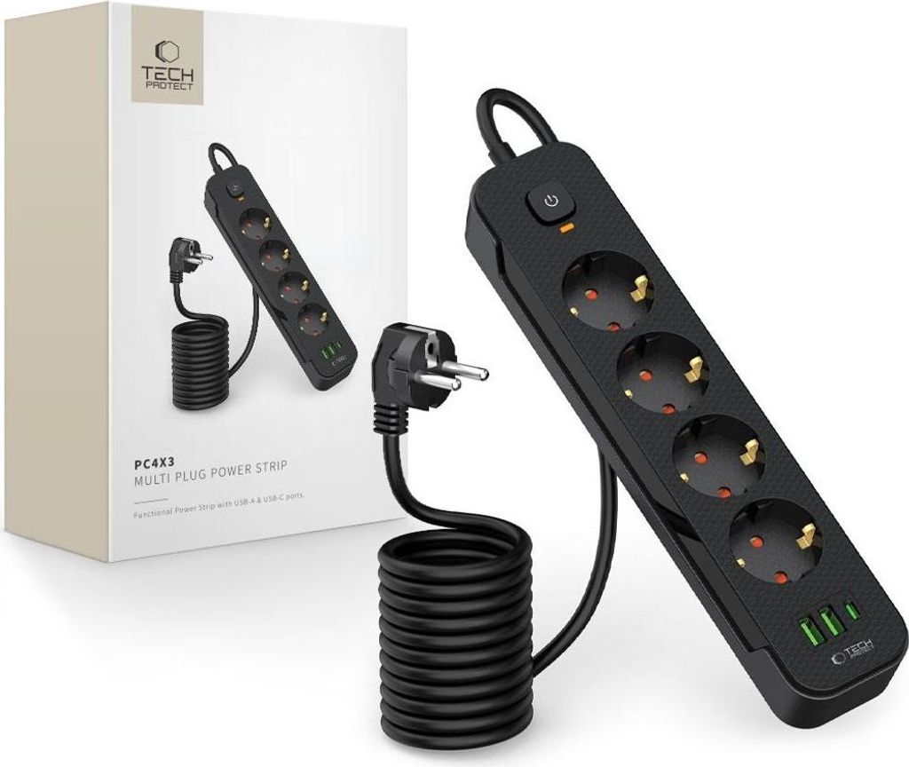 A black power strip with four outlets and three USB ports is shown next to its packaging.