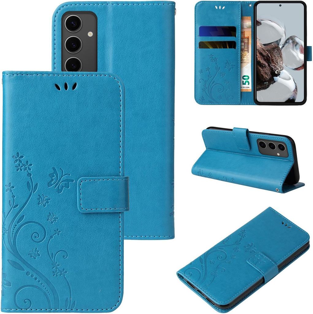 Handyhülle für Samsung Galaxy S24 FE Floral Blumen Schmetterling Flip Cover Hülle Case Klapphülle Handytasche Farbe: Blau