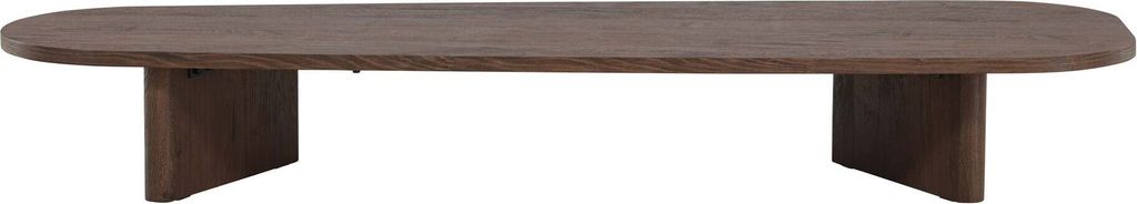 A dark brown, oblong coffee table with two block-like legs, presented against a white background.