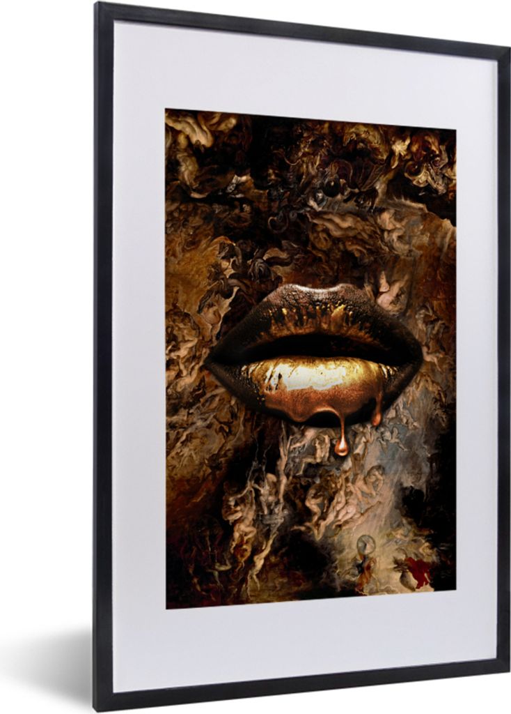 MuchoWow Gerahmtes Poster Gold - Lippen - Luxus 40x60 cm - Poster mit Schwarzem Bilderrahmen Wandposter Rahmen Foto Bilder - Poster in Rahmen