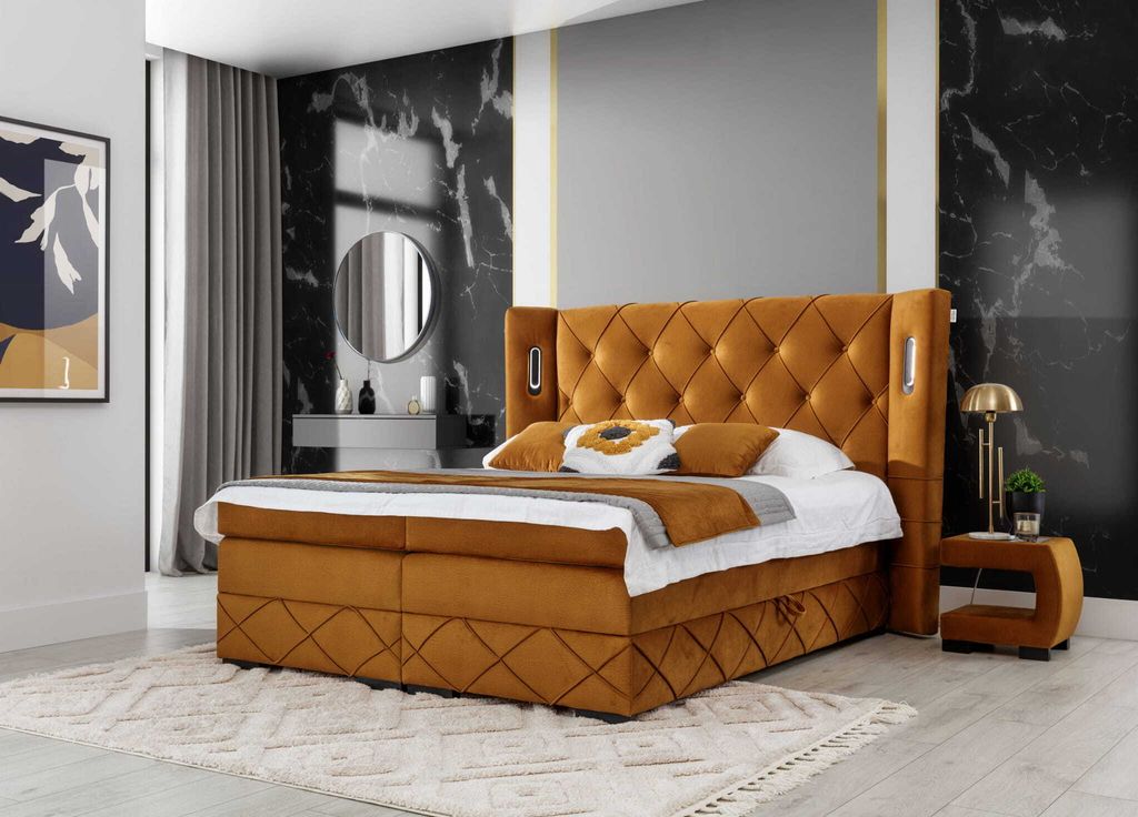 Boxspringbett Bett FOKS mit Pocket-Matratze, Bonell-Matratze und Topper - Doppelbett - Bettkästen - H3 - Beleuchtung LED ( 200x200 cm , Gelb - Mon...