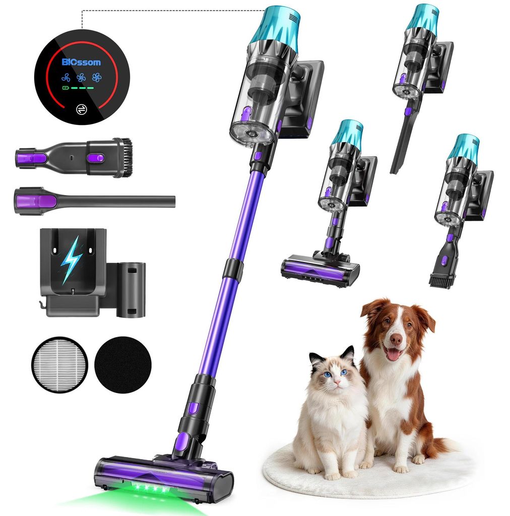 V20 Akku Staubsauger - Stielstaubsauger - 650 W Bürstenloser Motor - 55 kPa Starke Saugkraft - 65 Min Laufzeit - LED-Licht - Blau/Lila