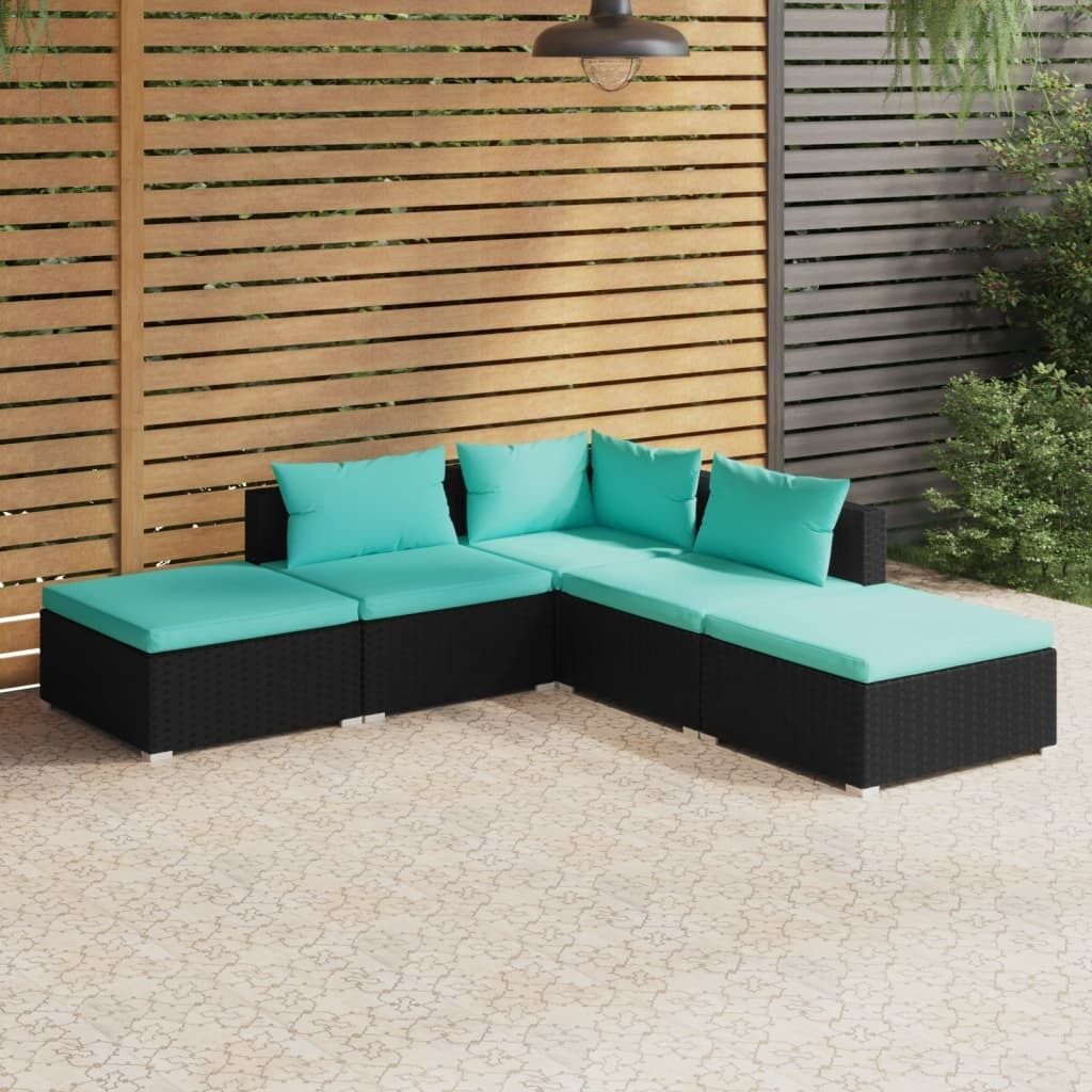 The Living Store 5-tlg. Garten-Lounge-Set mit Kissen Poly Rattan Schwarz