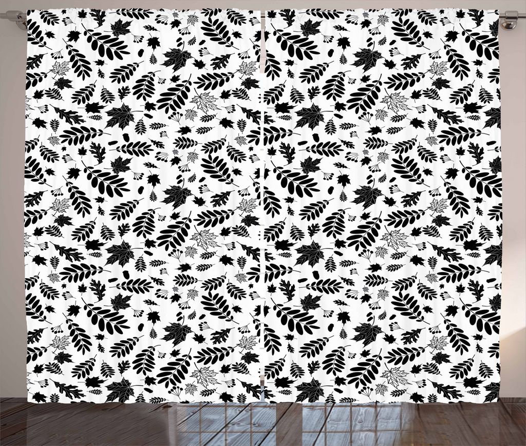 ABAKUHAUS Blätter Rustikaler Vorhang, Herbst-Saison in Woods, Wohnzimmer Universalband Gardinen mit Schlaufen und Haken, 280 x 175 cm, Weiß Schwarz