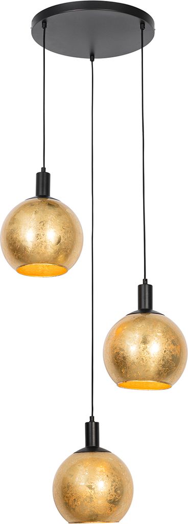 QAZQA - Design Design-Hängelampe I Pendellampe I Pendelleuchte schwarz mit Gold I Messingglas 3-flammig - Bert I Wohnzimmer I Schlafzimmer - Rund ...