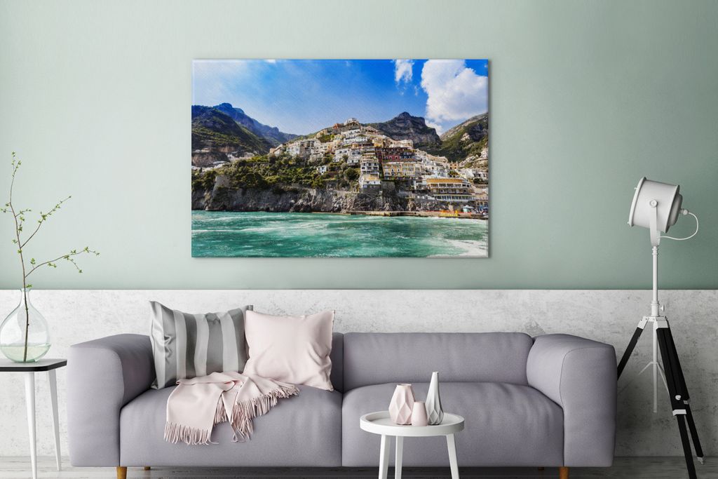 OneMillionCanvasses - Leinwandbilder - 140x90 cm, Positano und die Amalfiküste vom Tyrrhenischen Meer aus, Wandbilder Kunstdruck Wanddekoration ...