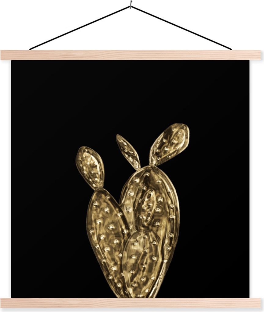 MuchoWow Textilposter Kaktus - Gold - Pflanzen 60x60 cm mit holzfarbenen Rahmen - Wanddekoration