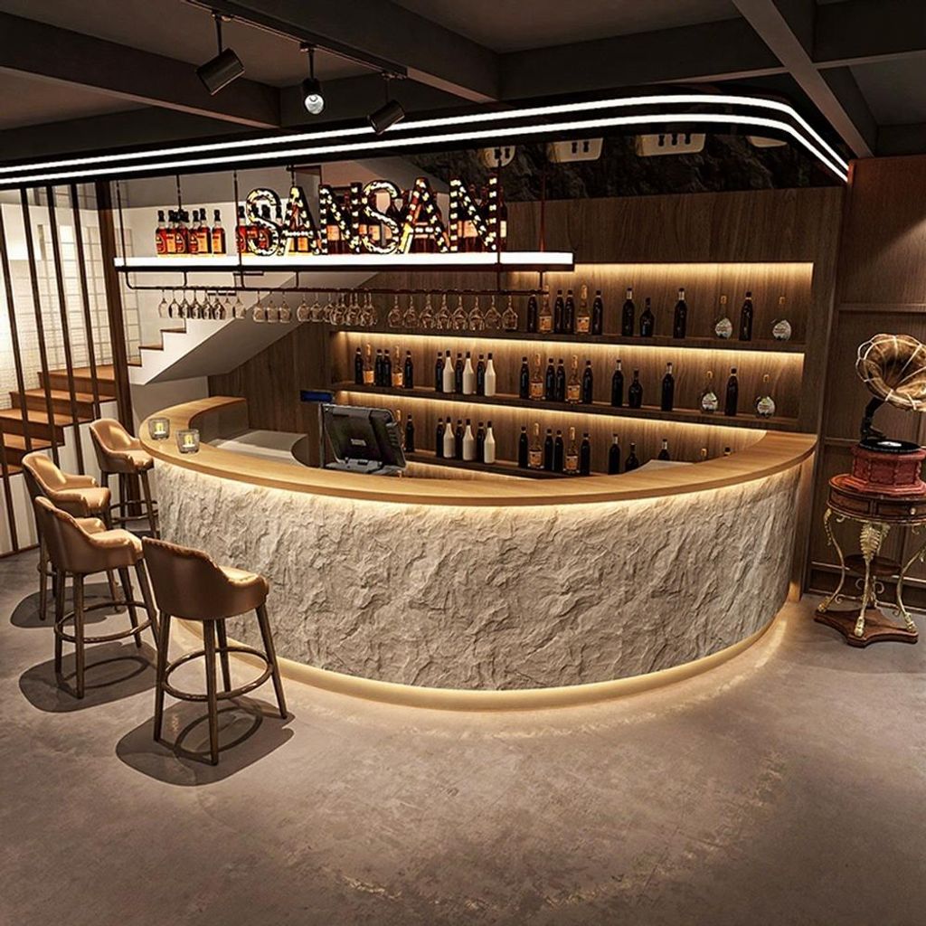 Runde Bartheke mit Kunststeinfront in Natursteinoptik – Empfangstheke mit LED für Café, Bar, Hotel, Restaurant,Grau 200×60×100 cm 【SDWW 200】