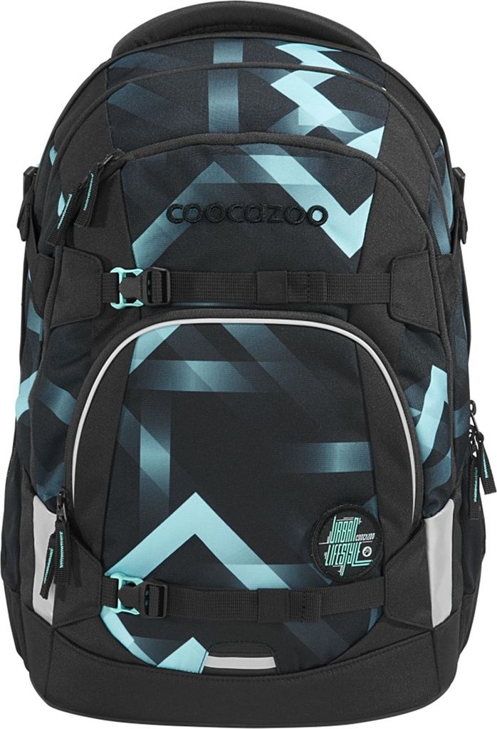 A black backpack with a geometric teal pattern.