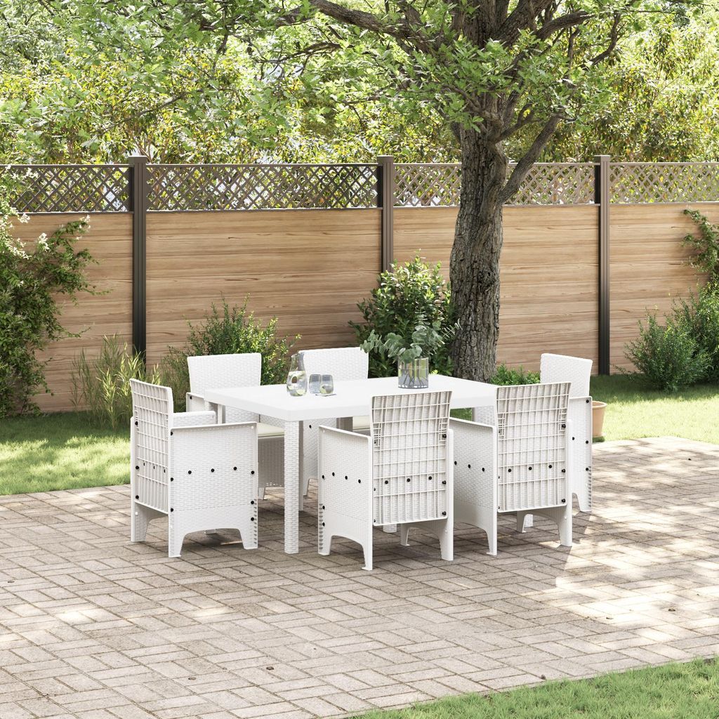 7-teiliges Garten-Esszimmer-Set mit Kissen Weiß Poly-Rattan, Design Möbel Gartentische Neu