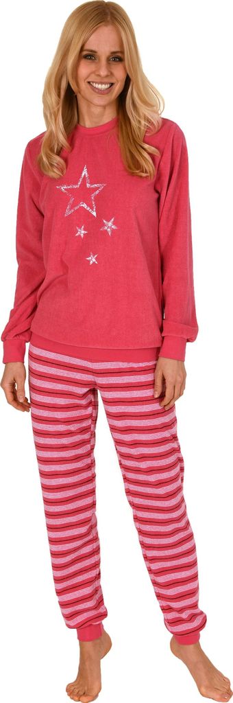 Normann Damen Frottee langarm Schlafanzug Pyjama in Streifenoptik - auch in Übergrössen ; pink , 40