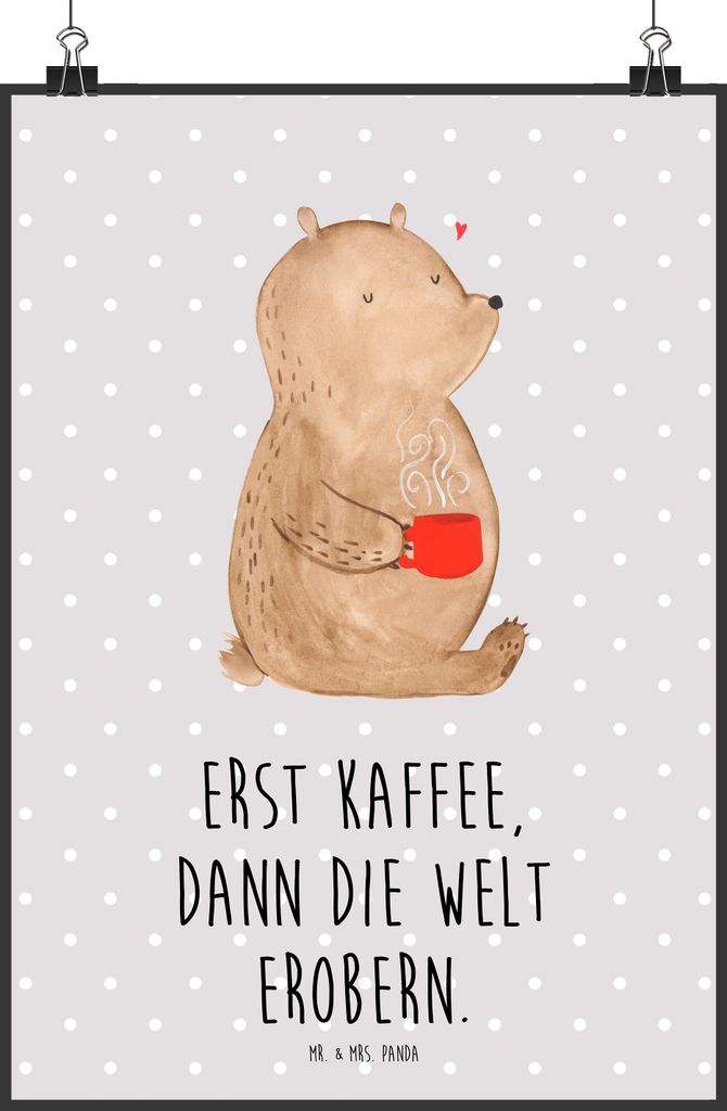 Mr. & Mrs. Panda Bild Bär Kaffee DIN A2 - Grau Pastell - Geschenk, Wandbild, Guten Morgen, drucke, Deko, Plakat, Coffee, wanddeko, Teddy, Bären, ...