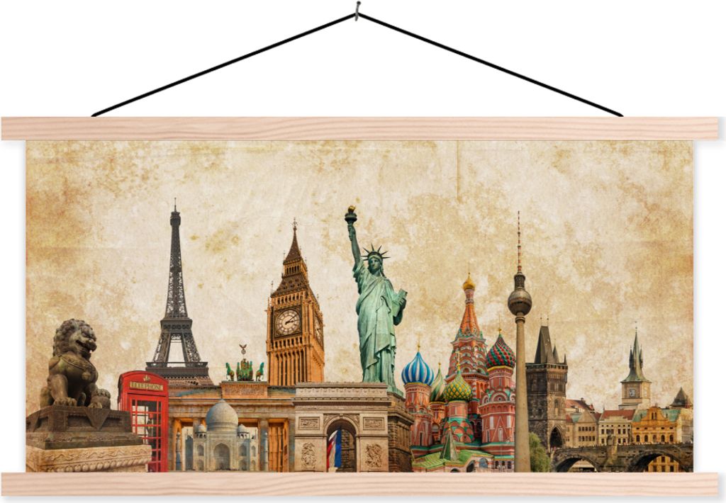 MuchoWow Textilposter Amerika - Vintage - Gebäude - Collage 60x30 cm mit holzfarbenen Rahmen - Dekoration