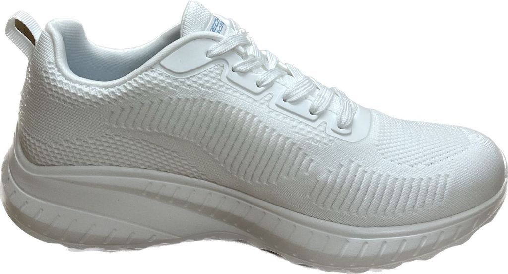 A white Skechers Bobs Sport Squad Chaos women's sneaker is shown from the side against a white background.