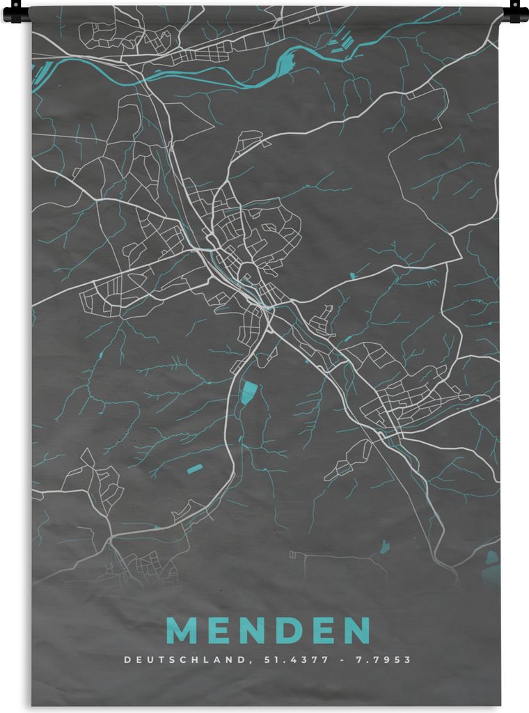 MuchoWow Wandteppich Wandbehang Deutschland - Blau - Menden - Stadtplan - Karte 90x135 cm Tapisserie Dekoration Wandtuch - Baumwolle - Wandskulptur