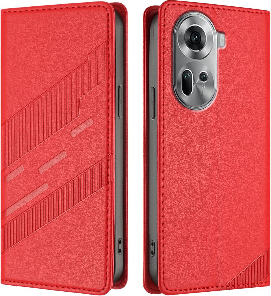 Hülle für Oppo Reno11 5G, Kunstleder Brieftaschen Handyhülle mit Kartenfach und Standfunktion Rot