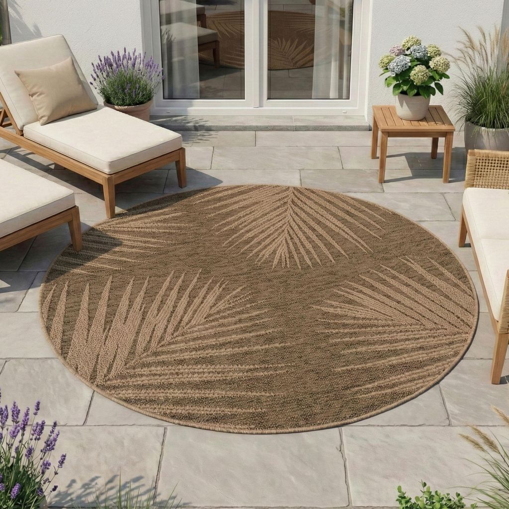 Homebyhome In- & Outdoor Teppich Wetterfest im natürlichen Jute-Look, ideal für Wohnzimmer, Küche, Terrasse & Balkon, Grösse: 80 cm Rund