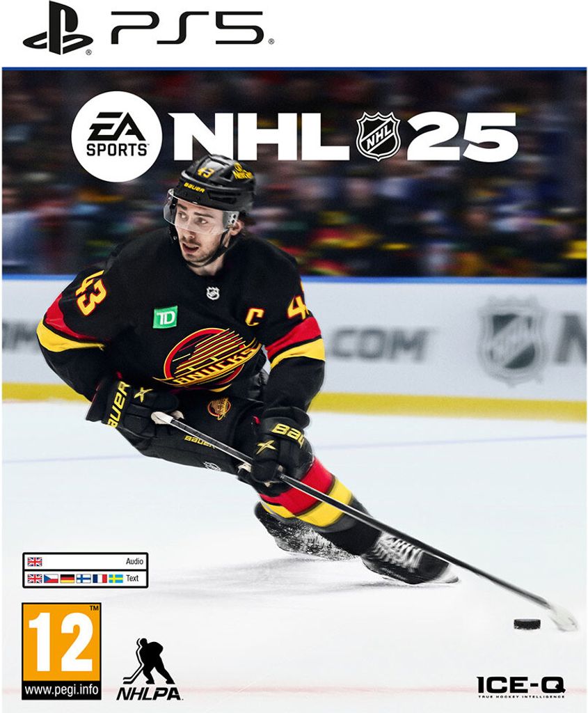 A hockey player in action on the ice, with game title and logos.