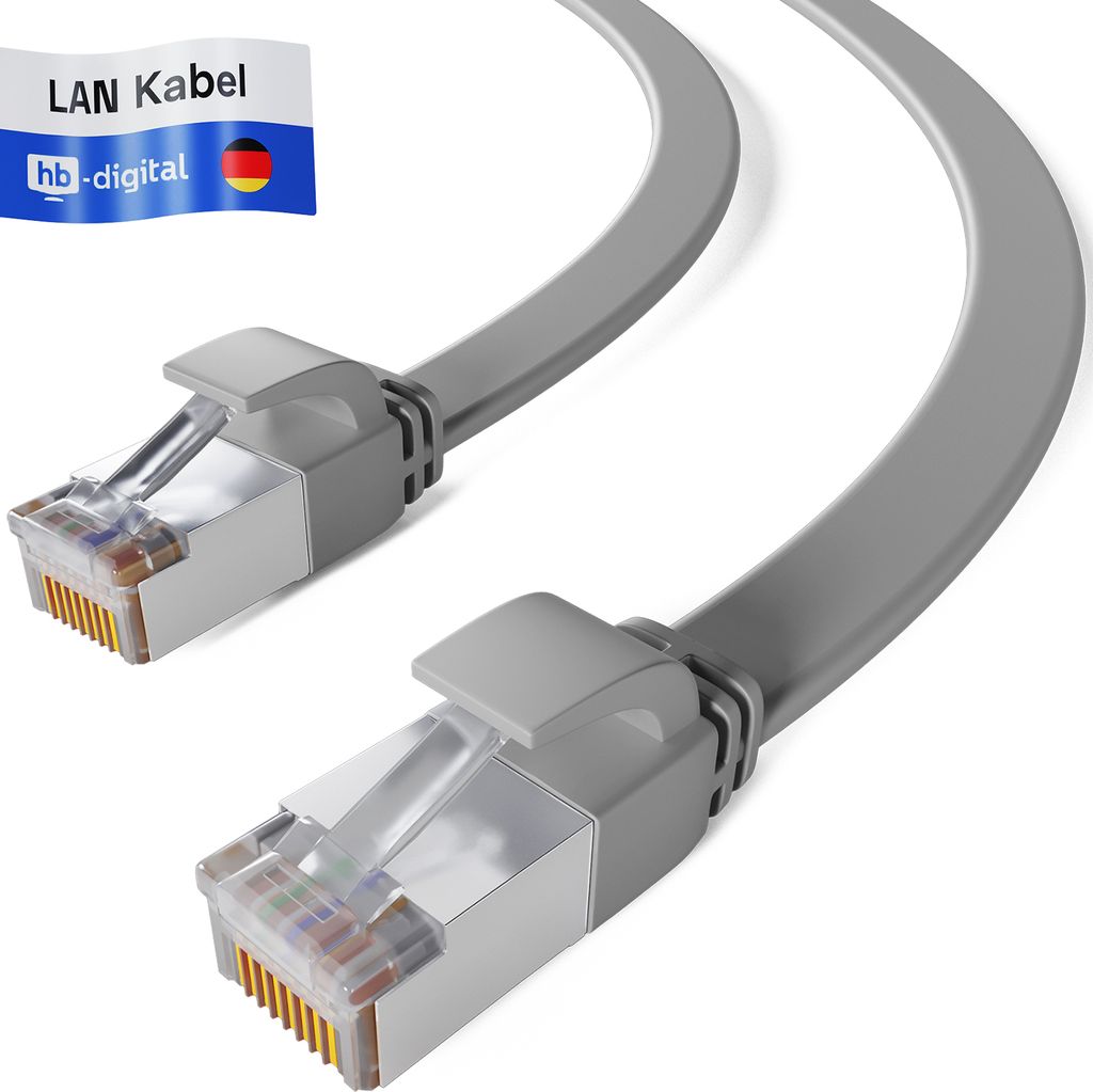 hb-digital Netzwerk Kabel 2m LAN Kabel Cat7 Patch Kabel cat.7 Flachkabel RJ45 Kupfer bis zu 10 Gbit/s U/FTP PVC grau