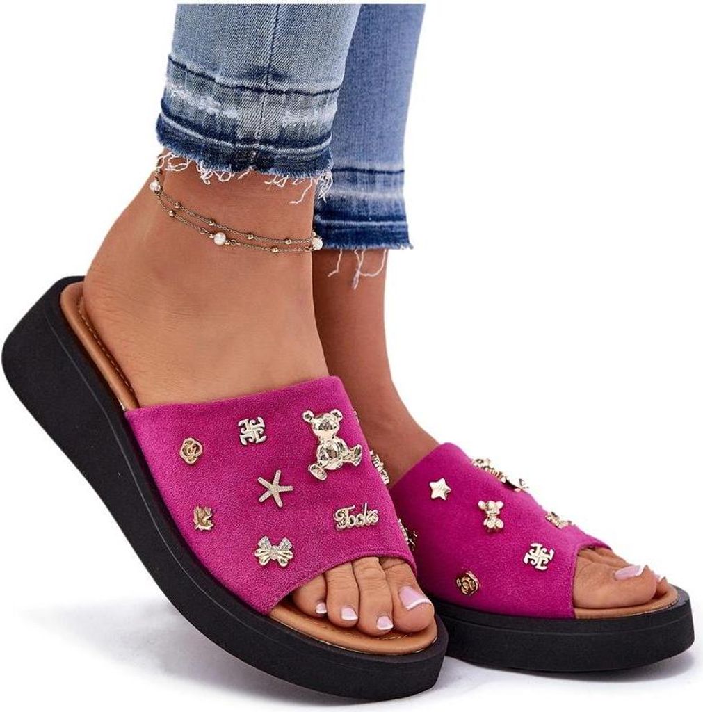 Damen Veloursleder Pantoletten Mit Clips Fuchsia Vinceza 66741 39