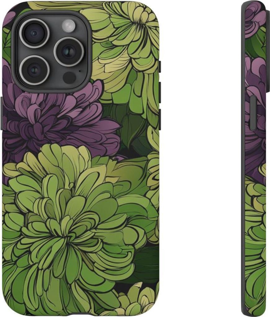 Grünes und violettes Chrysanthemenmuster – Hülle Kompatibel mit iPhone 15 Pro Max