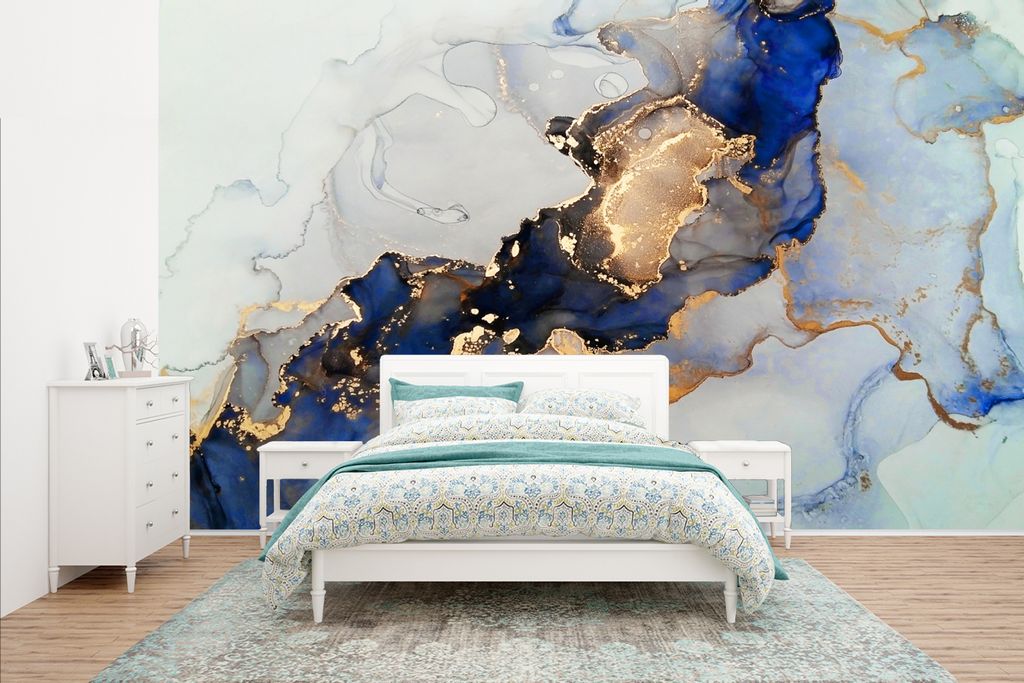 MuchoWow Fototapete für Wohnzimmer oder Schlafzimmer Wandtapete Vinyl Motivtapete Marmor - Blau - Gold - 400x240 cm - Gemustert