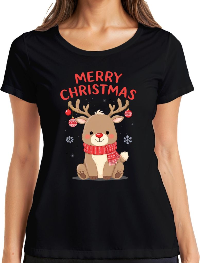 Merry Christmas Rentier Weihnachten Geschenk niedlich Baby Damen T-Shirt, Schwarz, L