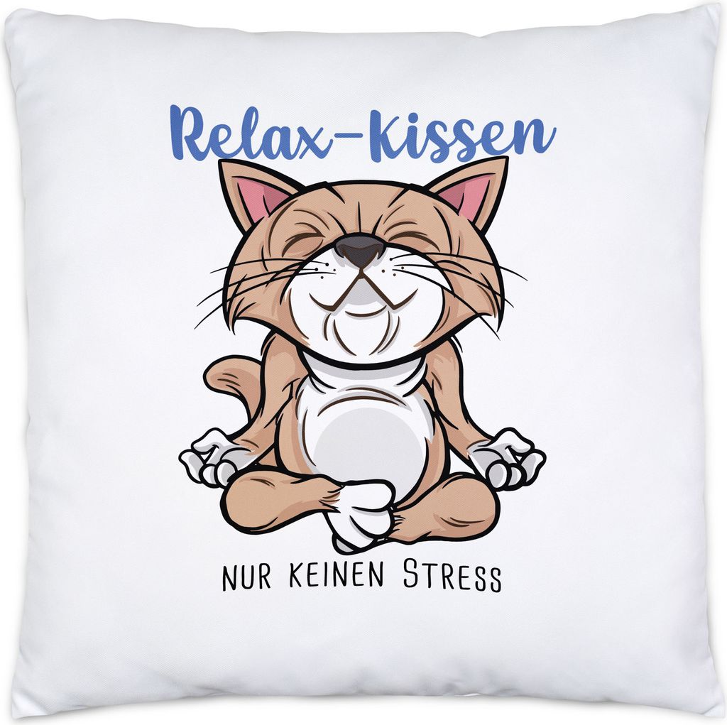 Relax nur keinen Stress Kissen inkl. Füllung Meditation Spruch Ironie Katze Geschenk-Idee Bürokollegen Chillen Yoga